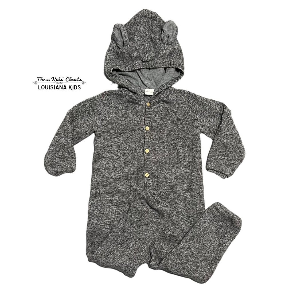 H&M 2-3y Grey Knit All-In-One Suit Hooded Bear Ear Romper